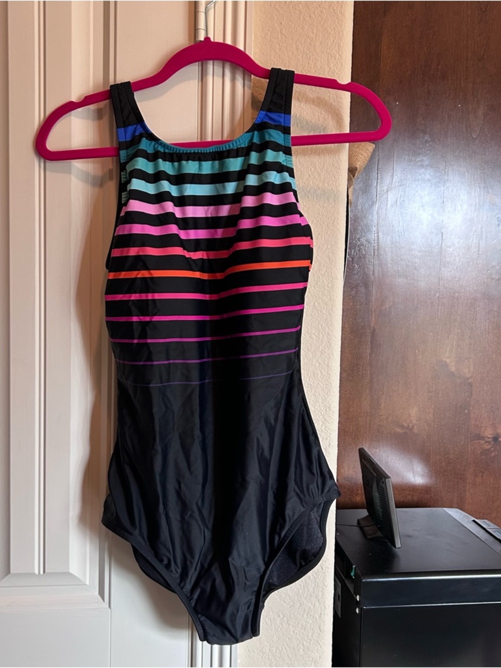 Maxine of Hollywood Black One-Piece Swimsuit with Multicolor Stripes NWOT